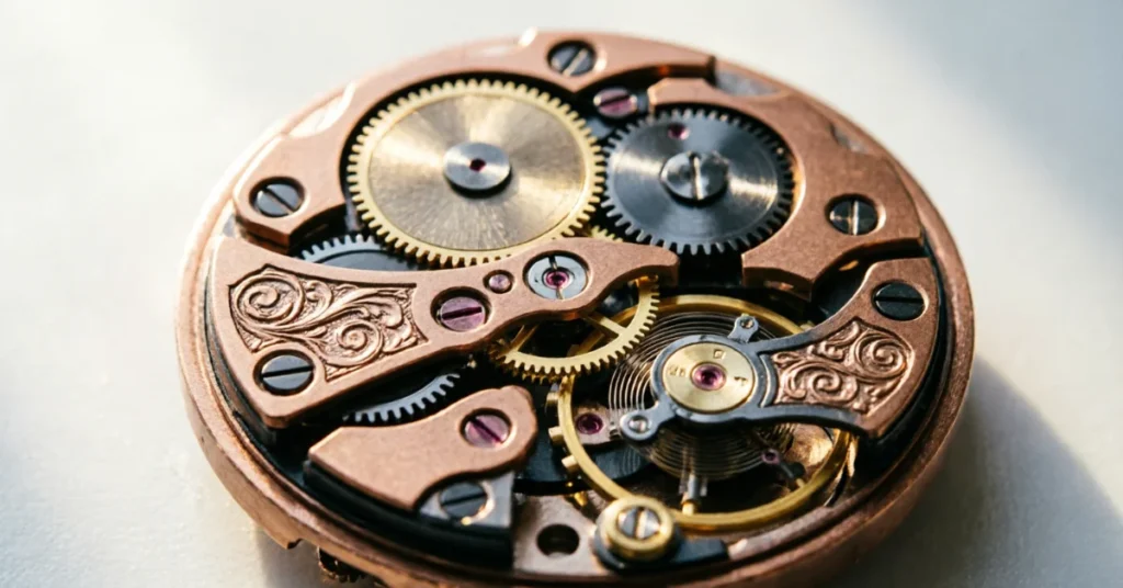 Vintage mechanical watch movement with copper plates and ornate engravings