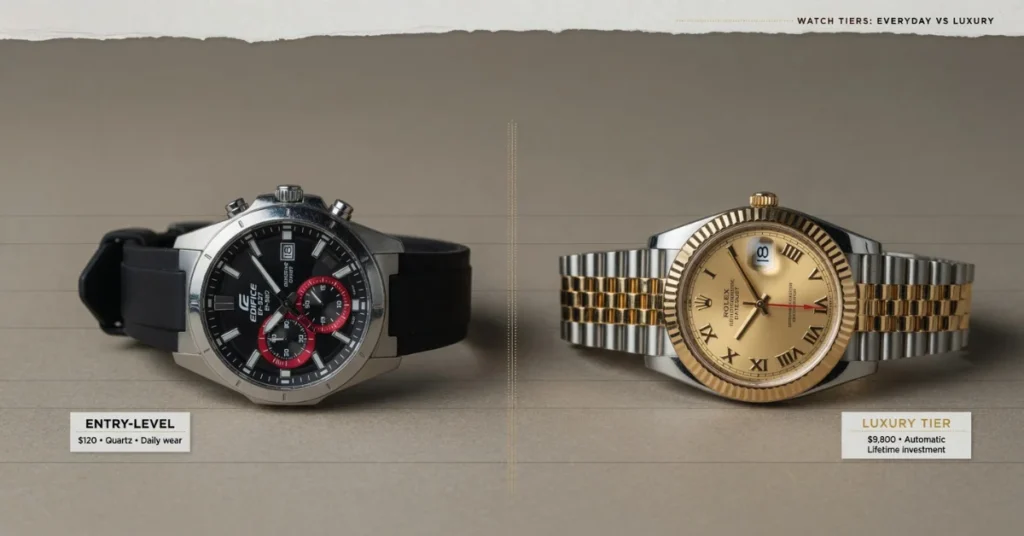 Watch tiers comparison graphic — entry-level vs luxury tier in the "is Seiko a luxury brand" debate
