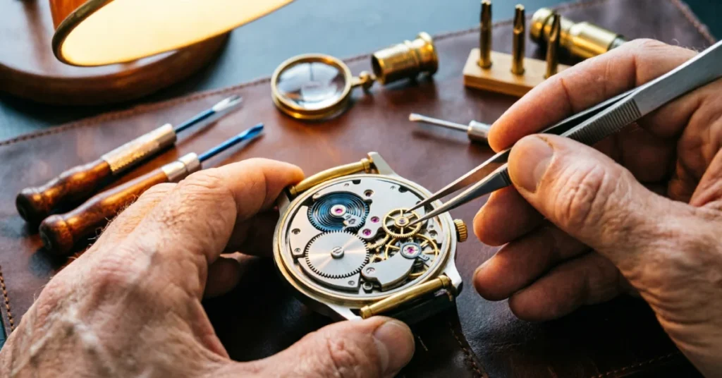 Experienced watchmaker servicing mechanical watch movement with precision tools showing craftsmanship