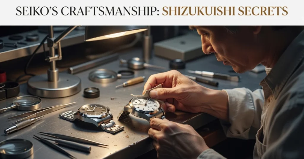 Watchmaker hand-polishing a Seiko watch under a workbench lamp