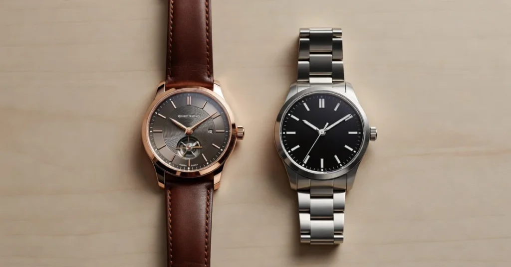 Where are Seiko watches manufactured: a luxury dress watch beside an entry-level steel model in flat-lay