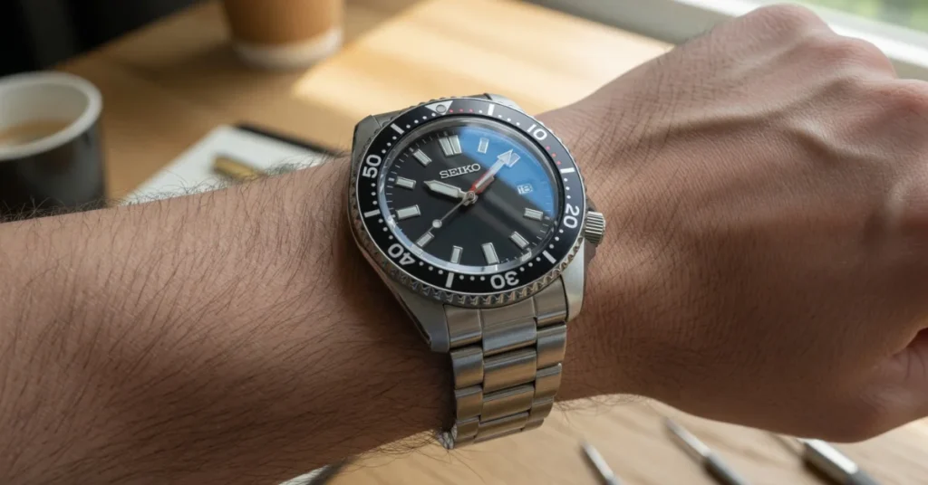 Where to buy Seiko mods Reddit: a finished SKX-style Seiko mod on a steel bracelet worn on the wrist in natural light