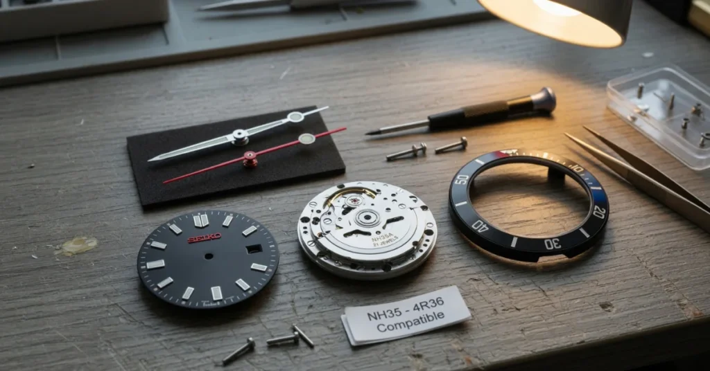 Where to buy Seiko mods Reddit: NH35 movement, dial, hands, and bezel laid out on a builder's workbench