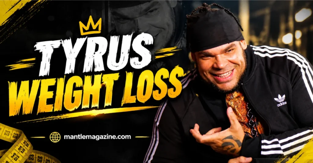 Tyrus smiling in a black Adidas jacket beside a measuring tape graphic — Tyrus weight loss