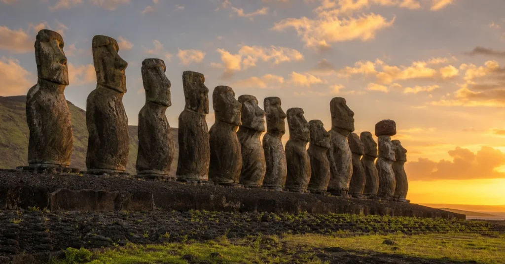 7 Pacific Islands worth the flight: row of moai statues at Ahu Tongariki on Easter Island at sunset