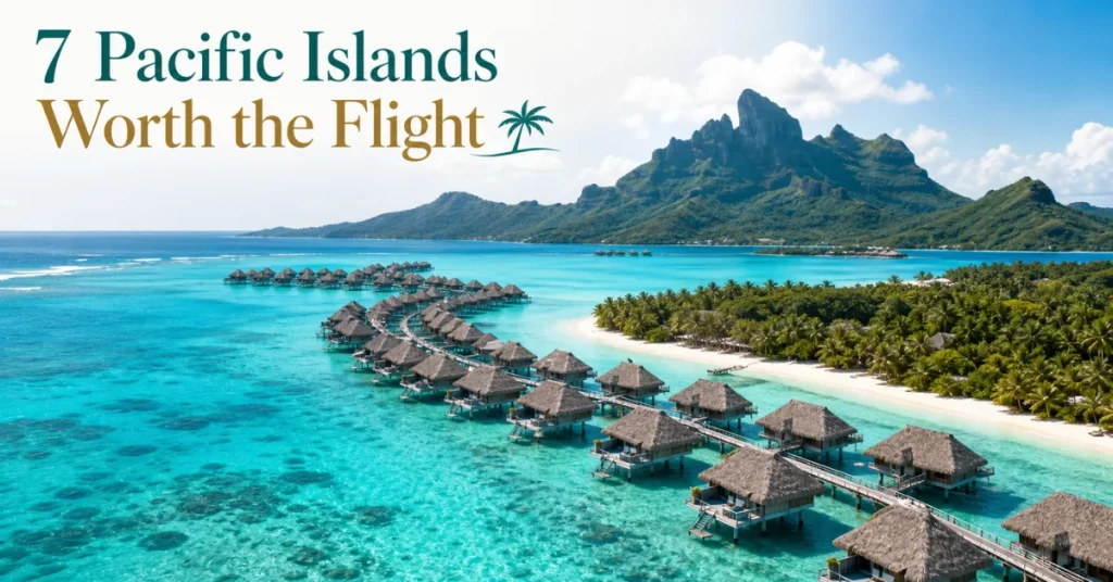 7 Pacific Islands worth the flight: aerial view of overwater bungalows in turquoise lagoon with mountain backdrop in French Polynesia