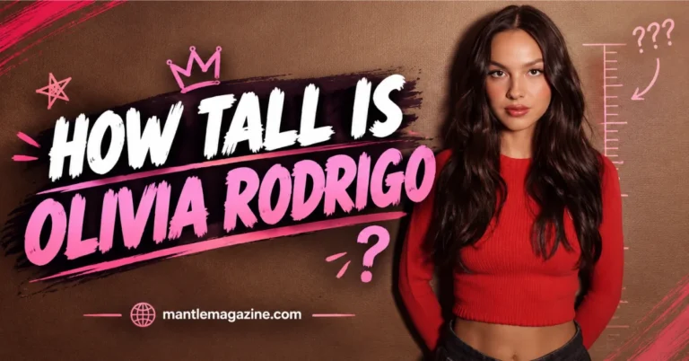 Olivia Rodrigo beside a height ruler graphic with question marks
