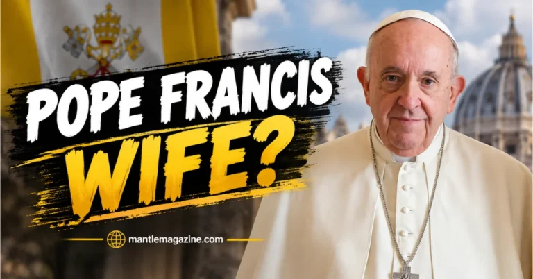Pope Francis in white papal robes with Vatican flag and St. Peter's Basilica behind him