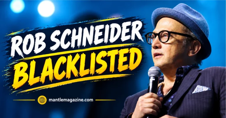 Rob Schneider in blue hat and glasses holding a microphone beside bold 'Rob Schneider Blacklisted' headline text