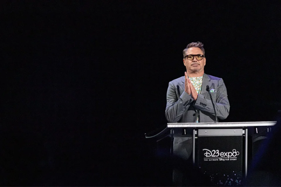 Robert Downey Jr on stage at D23 Expo, Marvel star addressing Disney fan audience
