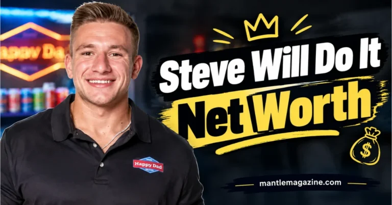 Steve Will Do It smiling in a black Happy Dad Hard Seltzer polo shirt beside bold yellow "Steve Will Do It Net Worth" text