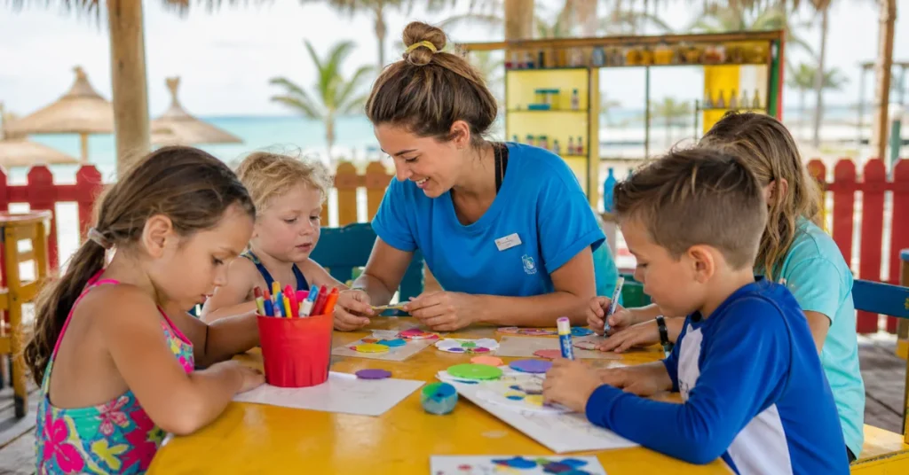 Best all-inclusive resorts for families: kids club counselor leading arts and crafts activity at beachside resort