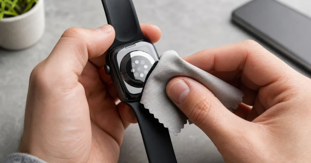 Apple Watch not charging: hands wiping the sensor back of an Apple Watch with a microfiber cloth to restore the charging connection