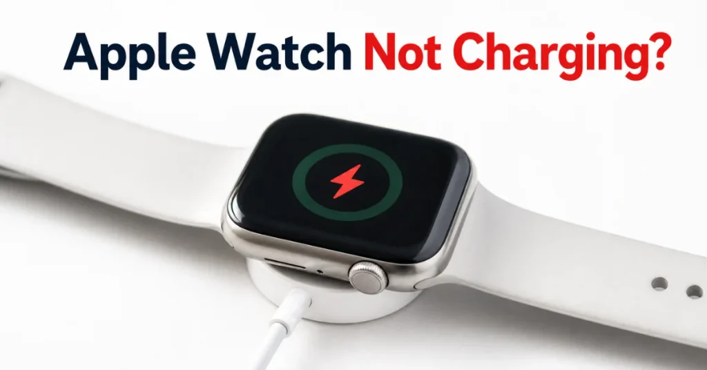 Apple Watch not charging: an Apple Watch lying flat on its magnetic charging puck with a red lightning bolt charging icon on screen