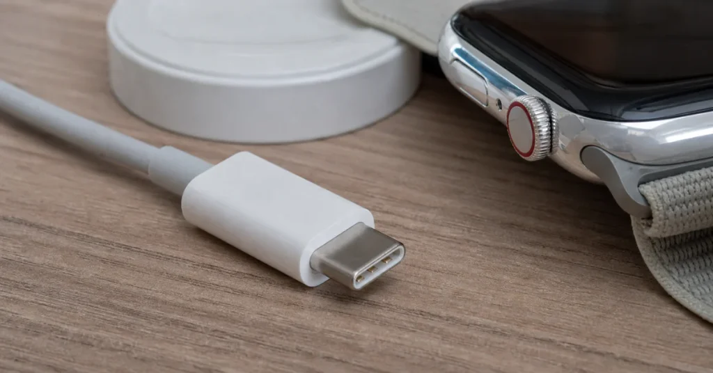 Apple Watch not charging: a close-up of a USB-C charging cable connector beside the magnetic charging puck and an Apple Watch