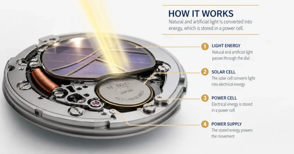 Are Citizen watches good: a cutaway diagram of an Eco-Drive movement showing light passing through the solar cell into a rechargeable power cell