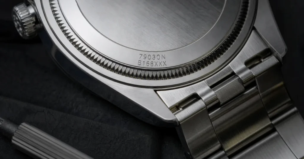  Are Fossil watches good: a macro of a watch case back showing a laser-etched serial and reference number