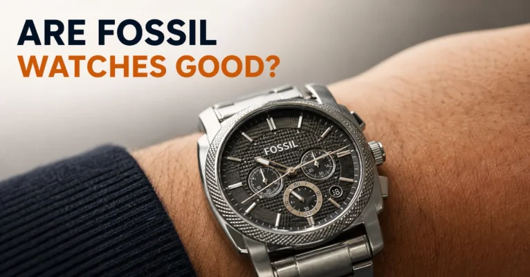 Are Fossil watches good: a stainless steel Fossil chronograph with a black textured dial on a wrist