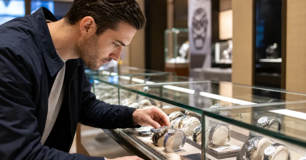 Are Fossil watches good: a shopper examining watches on a retail display counter under warm store lighting