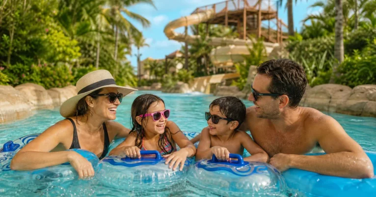 Best all-inclusive resorts for families 2026: parents and kids enjoying lazy river at tropical resort