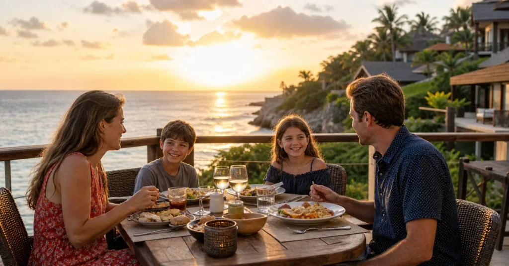 Best all-inclusive family resorts for families: family dining together on resort terrace at sunset with ocean view