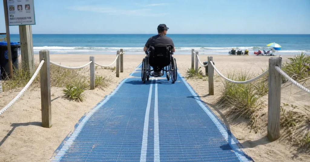 Best beach vacations for families: person using beach wheelchair on blue mobi-mat pathway leading to ocean
