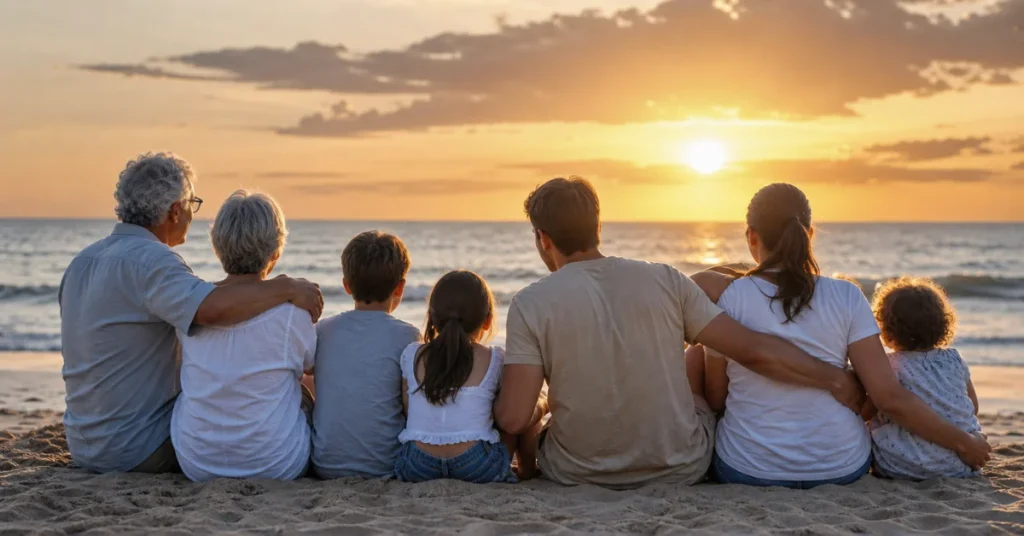 Best beach vacations for families: three-generation family sitting together on beach watching sunset