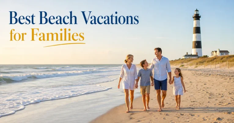 Best beach vacations for families: family of four walking on sandy beach with lighthouse in background at golden hour