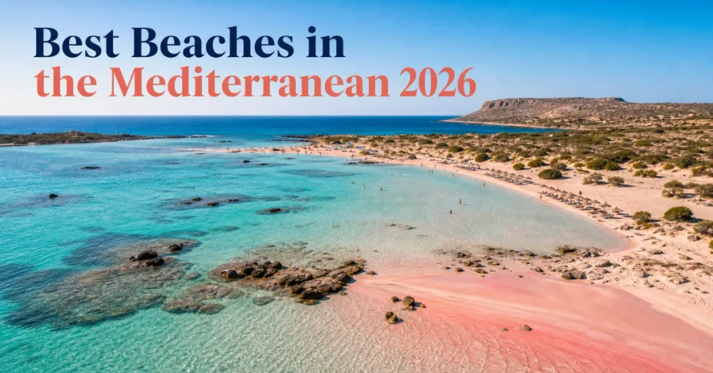 Best beaches in the Mediterranean: aerial view of Elafonissi's pink sand beach meeting turquoise lagoon water in Crete