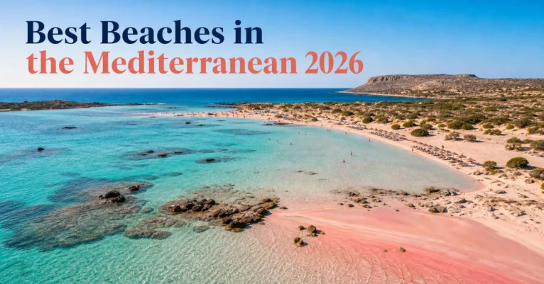 Best beaches in the Mediterranean: aerial view of Elafonissi's pink sand beach meeting turquoise lagoon water in Crete