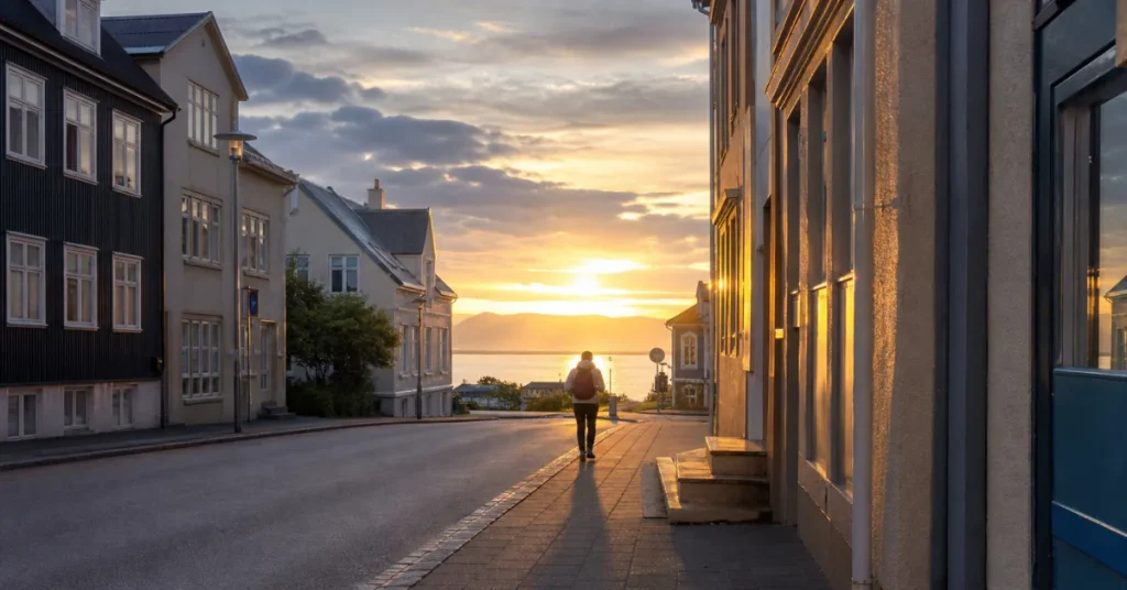 Best countries for solo female travel: solo woman walking on quiet Reykjavik street at sunset with ocean view