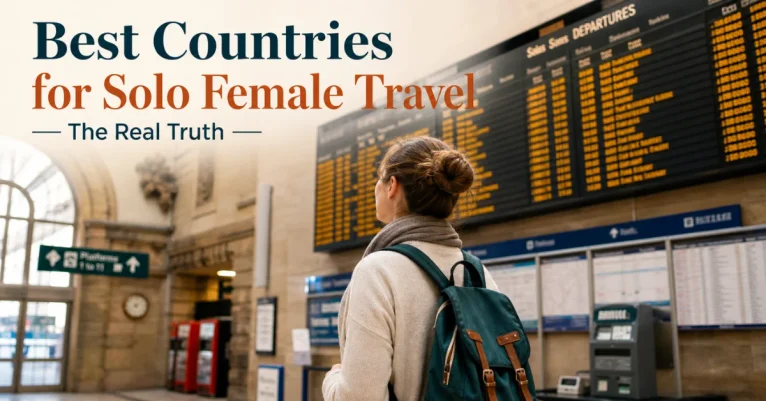 Best countries for solo female travel: woman with teal backpack checking departure board at European train station