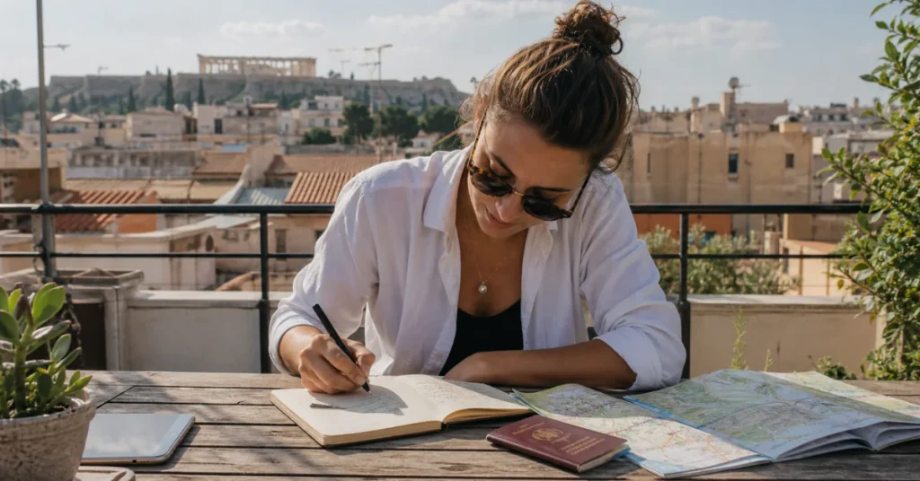 Best countries for solo female travel: woman writing in a journal with a passport and map on a sunny rooftop terrace with the Acropolis in the background