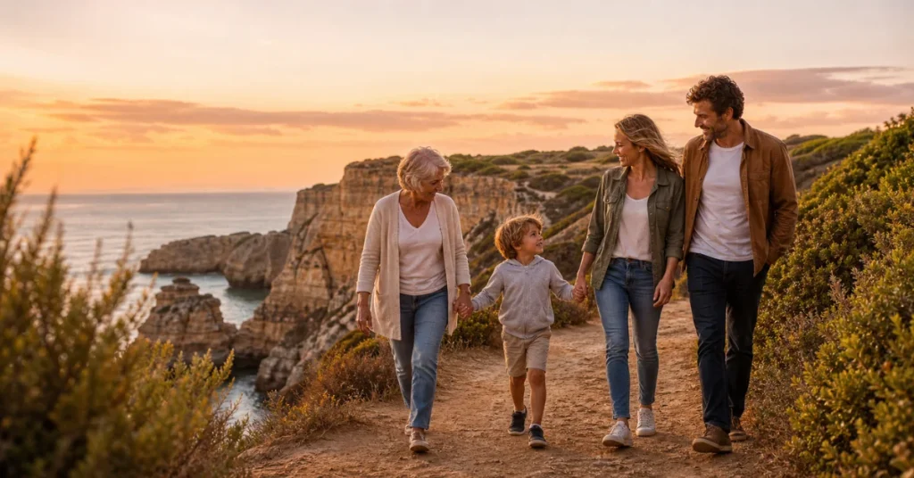 Best family vacation destinations: three generations of family walking along coastal cliff path at sunset in Algarve