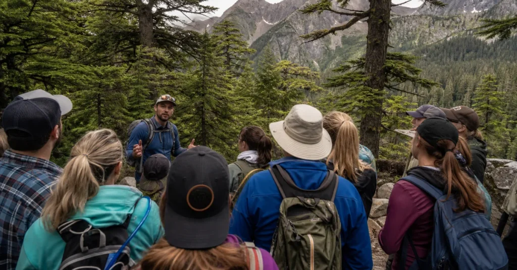 Best group tours for solo travelers: small hiking group with guide on forest trail with mountain backdrop