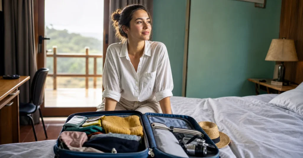 Best group tours for solo travelers 2026: solo female traveler sitting on bed with packed suitcase looking out balcony