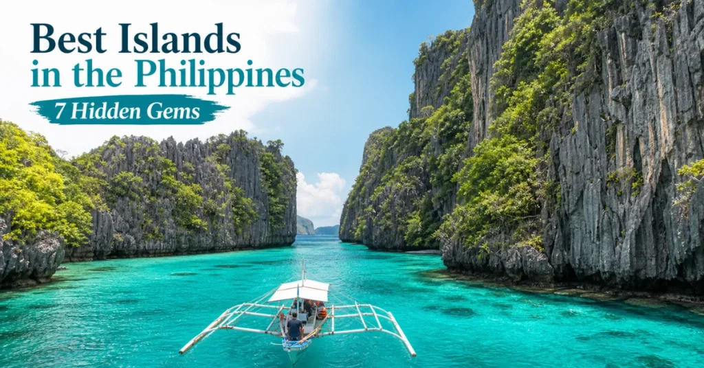 Best islands in the Philippines: a banca boat gliding between El Nido's limestone karst cliffs with turquoise water