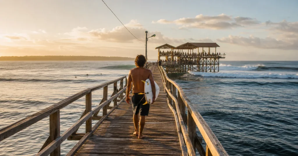 Best islands in the Philippines: a surfer walking the wooden boardwalk to Cloud 9 in Siargao at golden hour