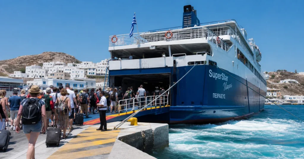Best islands to visit in Greece: passengers with luggage boarding a ferry at a small Cycladic harbor under a Greek flag