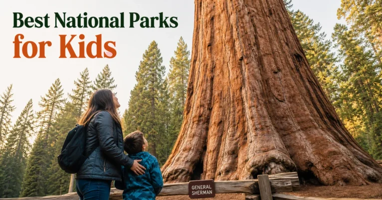 Best national parks to visit with kids: mother and son looking up at the giant General Sherman sequoia tree