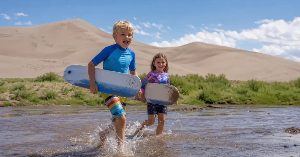 Best national parks to visit with kids: children carrying sandboards and running through Medano Creek at Great Sand Dunes National Park