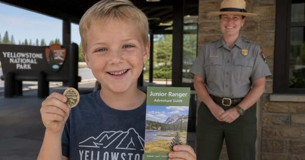 Best national parks to visit with kids: smiling boy holding Junior Ranger badge and adventure guide with park ranger in background at Yellowstone