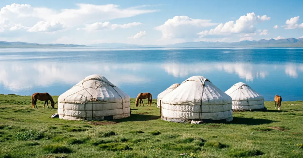 Best places to travel in Central Asia: white yurts beside Song Kul lake in Kyrgyzstan with horses grazing on green pasture under a wide sky