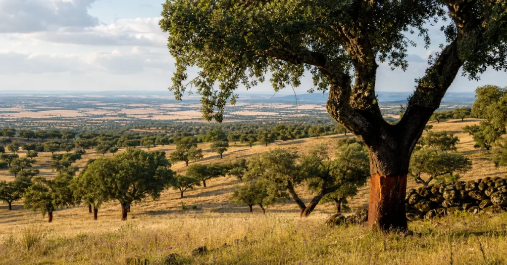 Best places to visit in Portugal: cork oak trees scattered across golden Alentejo countryside near Évora with a harvested bark trunk in foreground