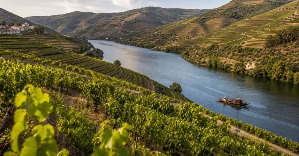 Best places to visit in Portugal: terraced vineyard slopes descending to the Douro River with a traditional rabelo boat gliding past in golden light