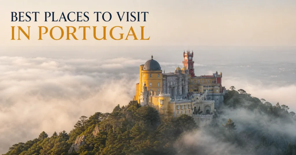 Best places to visit in Portugal: Pena Palace rising above a misty hilltop forest in Sintra with its yellow and red facade in soft light