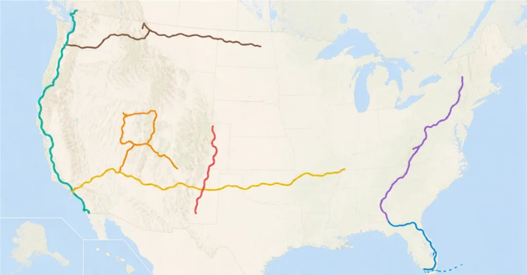 Best road trip routes in the US: map showing seven major road trip routes including Route 66, Pacific Coast Highway, and Blue Ridge Parkway