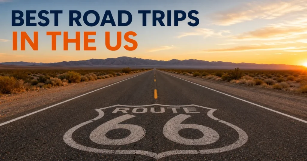 Best road trip routes in the US: Route 66 shield painted on asphalt with highway stretching toward mountains at sunset