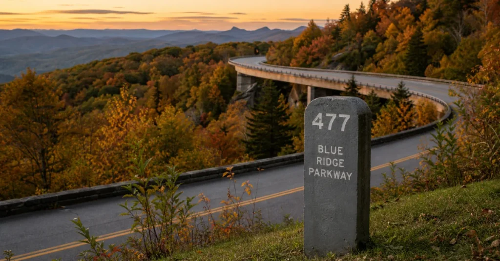 Best road trip routes in the US: Blue Ridge Parkway milepost marker with curving road and fall foliage at sunset