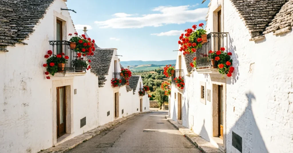 Best small towns to visit in Italy: a whitewashed Locorotondo street with pointed stone roofs and geranium-filled balconies above the Itria Valley